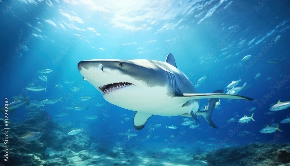 Fototapeta premium The great White Shark in the ocean, portrait of White shark hunting prey in the underwater