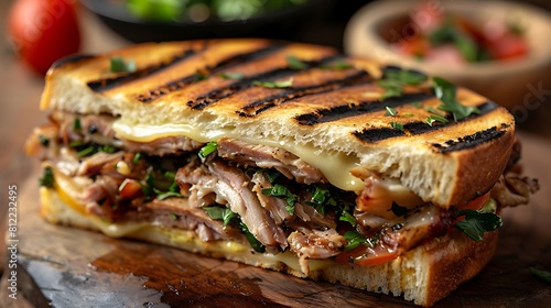 Cuban sandwich with roasted pork and Swiss cheese, closeup of Fresh food serving