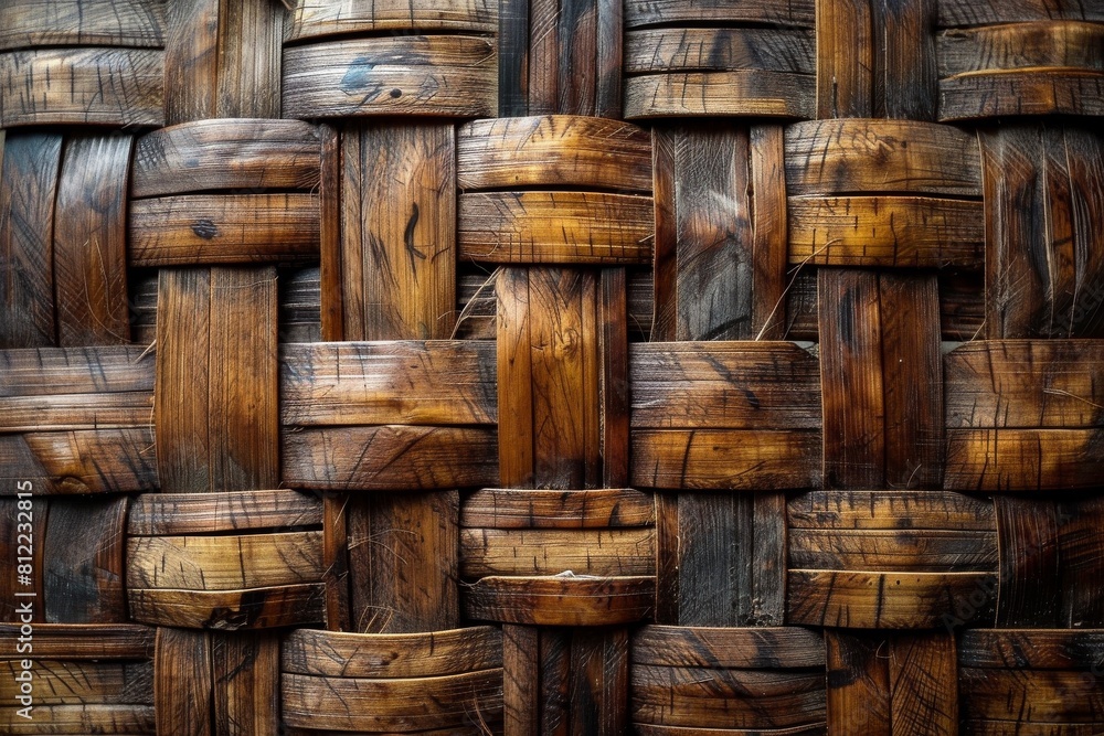 This photo highlights the close-up of a dark woven wooden pattern, showcasing the intricate textures and natural wood grain in high detail This photo highlights the close-up of a dark woven wooden pattern, showcasing the intricate textures and natural wood grain in high detail