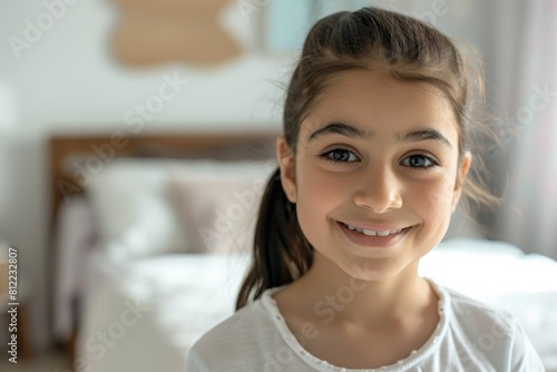 Free Download A cheerful girl with dark hair smiling in a well-lit bedroom, radiating a pure, joyful vibe - GFXLoad