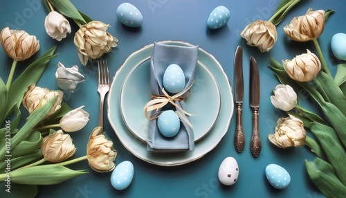 easter holiday table setting with easter eggs and tulip flowers on blue background top view flat lay composition #812233006