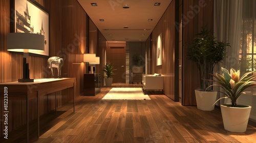 Step into a contemporary wooden hallway adorned with stylish furniture  inviting you to unwind in comfort. HD realism captures the inviting ambiance  perfect for modern living.