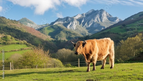 asturian breed bull of the valleys in pasture with mountain background photo