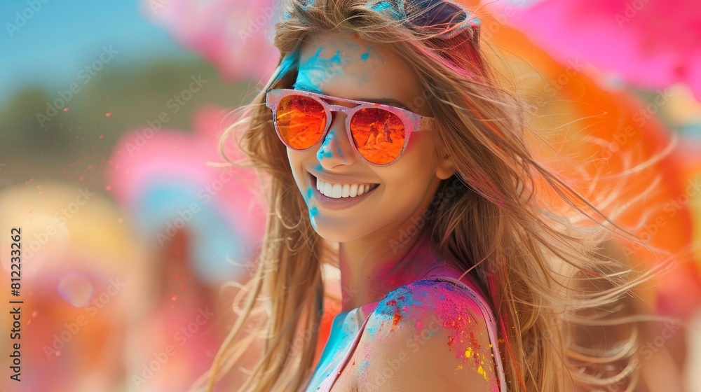 Joyful celebration  a woman s radiant smile shines bright in a vibrant and colorful world