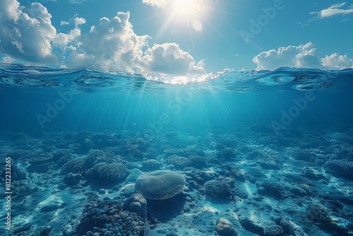 Sunbeams penetrate clear blue ocean water illuminating coral reef underneath, with a split view above and underwater