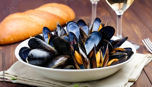 blue mussles with vine and baguette on wooden table photo