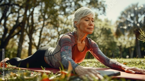 Celebrating Pilates day a vibrant mature woman in sportswear gracefully stretches her body on a fitness mat in a public park engaging in a blend of yoga and pilates Embracing a healthy acti photo