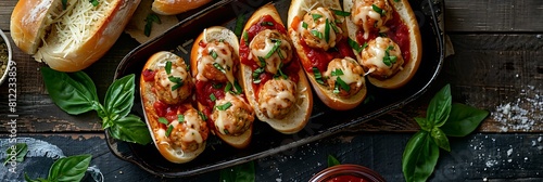 Chicken parmesan meatball subs with marinara, top view horizontal food banner with copy space