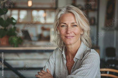 A sophisticated blond businesswoman poses with her arms crossed in a bright, stylish café setting