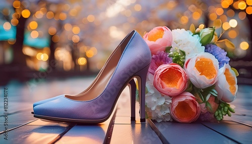 beautiful image with nice watercolor flowers and high heel shoes