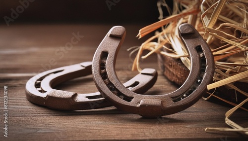 two old rusty horseshoes with straw on vintage wooden board photo
