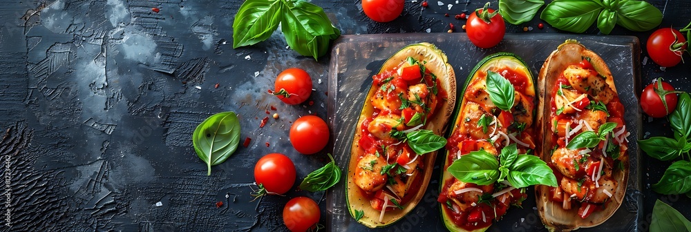 Chicken parmesan zucchini boats with marinara, top view horizontal food banner with copy space