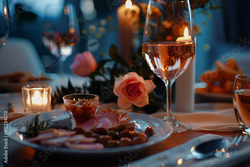 Elegant and select restaurant table Wine Glass and appetizers  on the bar table Soft light and romantic atmosphere dinner wedding service menu