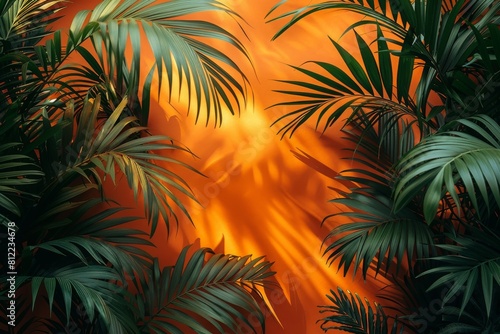 Lush green tropical leaves frame a glowing orange background  giving a sense of a sunset in a jungle