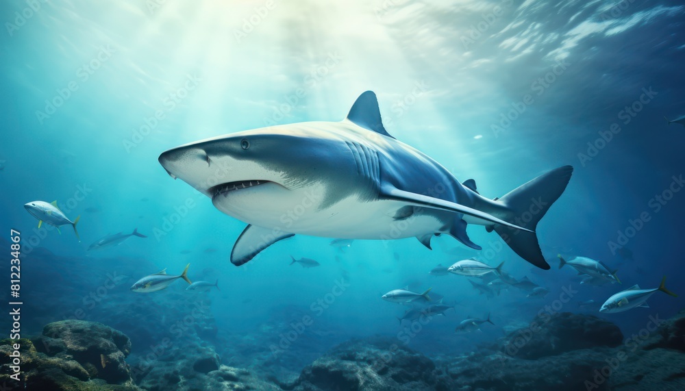 Obraz premium The great White Shark in the ocean, portrait of White shark hunting prey in the underwater