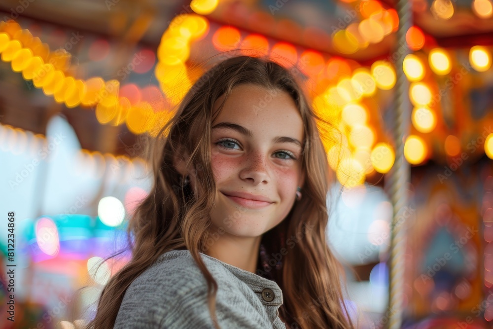A joyful young girl with a playful smile against a colorful background of carnival lights A joyful young girl with a playful smile against a colorful background of carnival lights