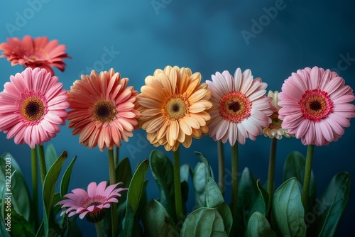 Row of colorful gerberas with fresh green leaves in front  creating a natural  lively garden display