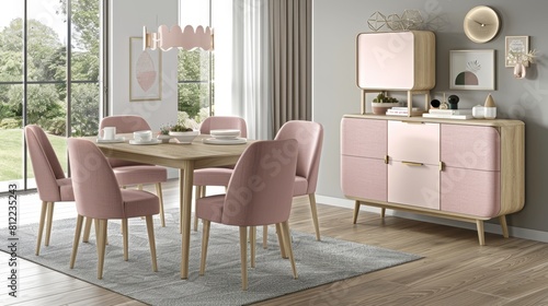 Chic scandinavian dining space featuring wooden table and soft pastel colored chairs