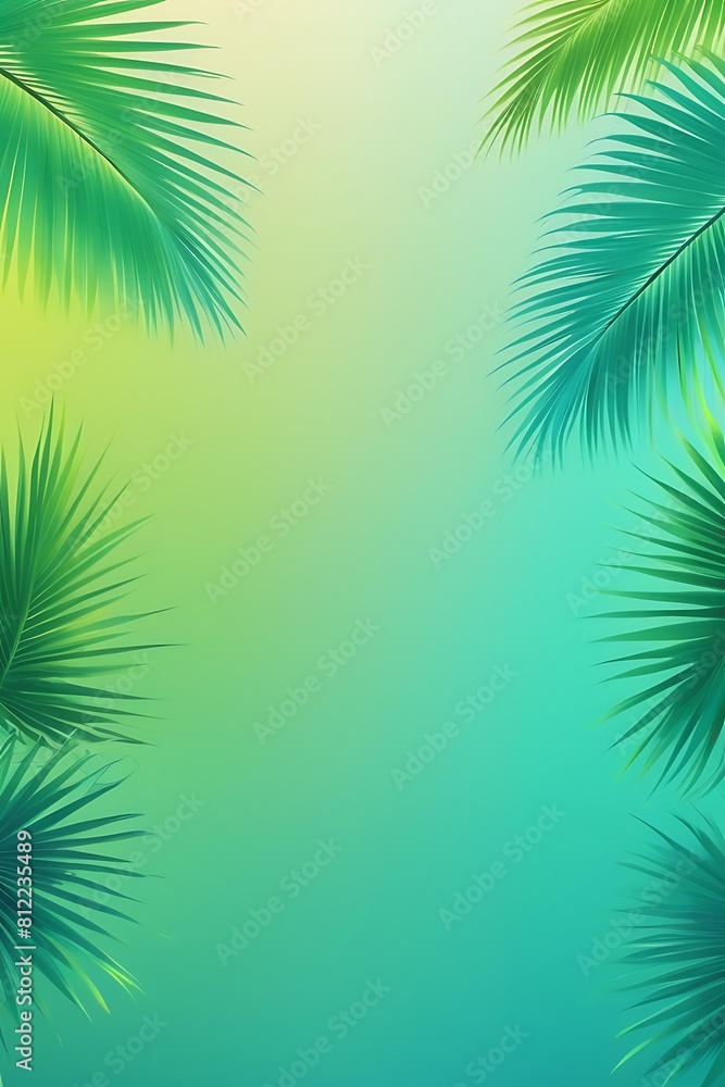 Fototapeta premium A tropical-themed vertical background with a vibrant gradient from turquoise to lime green, accented with subtle palm leaf silhouettes 