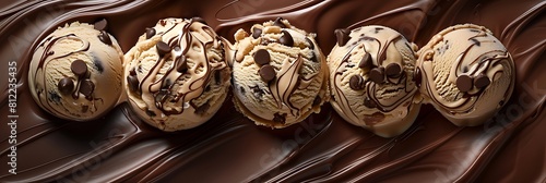Chocolate chip cookie dough ice cream with fudge swirls, top view horizontal food banner with copy space photo