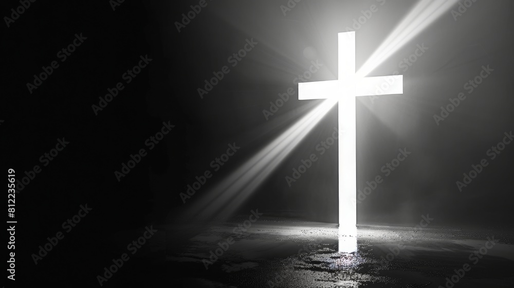 Fototapeta premium bright white shining cross, black background,, copy and text space, 16:9