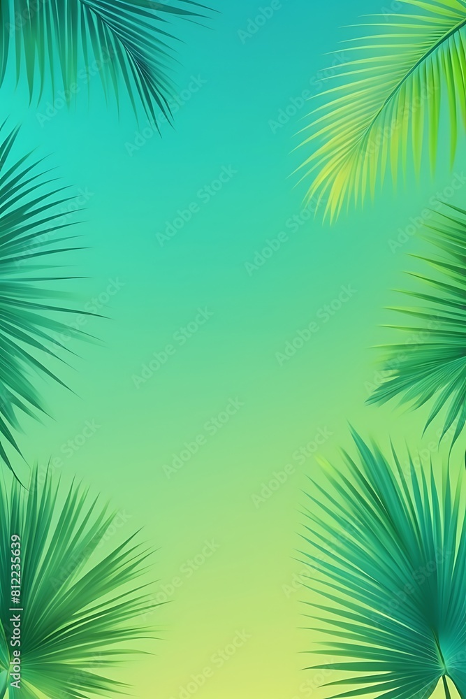 Obraz premium A tropical-themed vertical background with a vibrant gradient from turquoise to lime green, accented with subtle palm leaf silhouettes