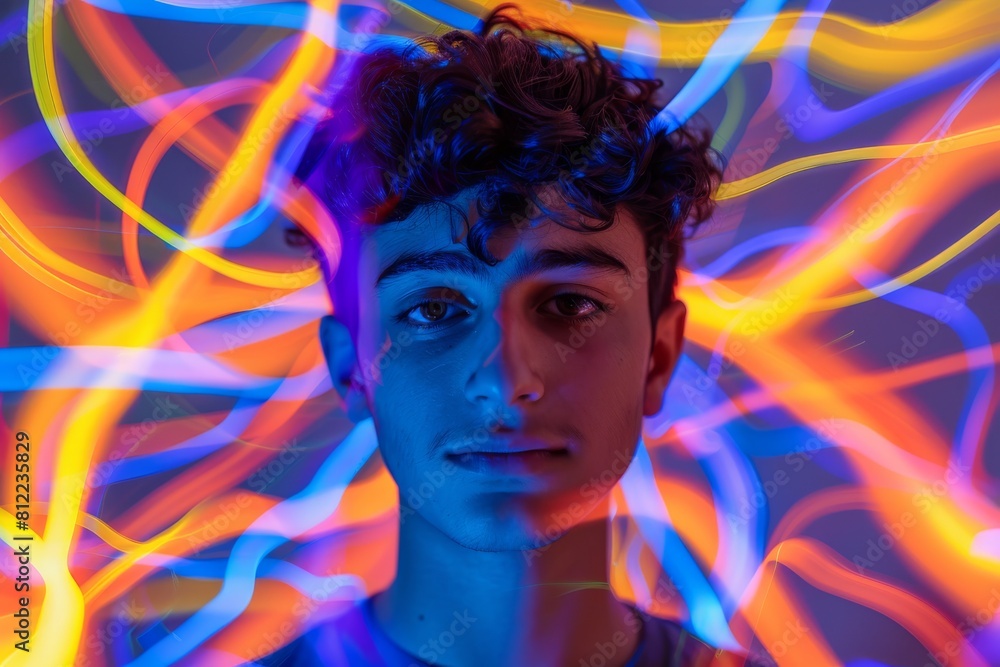 Obraz premium Artistic image of a young man with curly hair surrounded by vibrant neon lights in dark ambiance