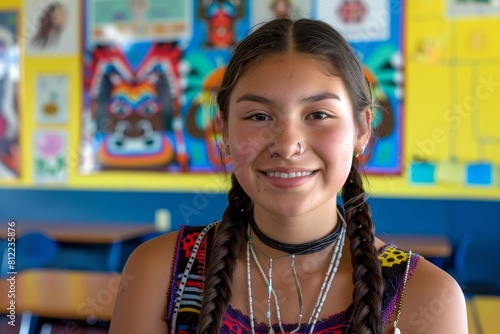 A happy girl in a traditional native American style outfit poses with a colorful cultural background photo