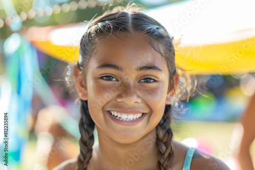 Close-up of a happy young girl smiling with braided hair at a sunny outdoor festival