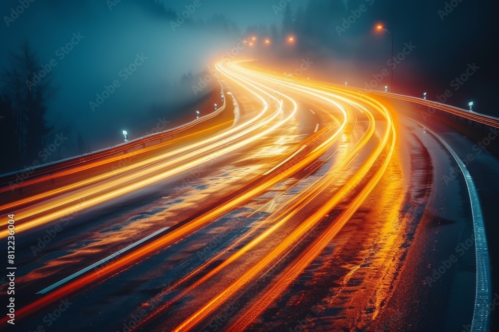 An ethereal nighttime capture showing a sweeping curved road with glowing traffic light trails amidst foggy surroundings An ethereal nighttime capture showing a sweeping curved road with glowing traffic light trails amidst foggy surroundings