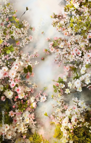 Dreamy Spring Floral Backdrop with Cherry Blossoms and Dogwoods in Pastel Shades