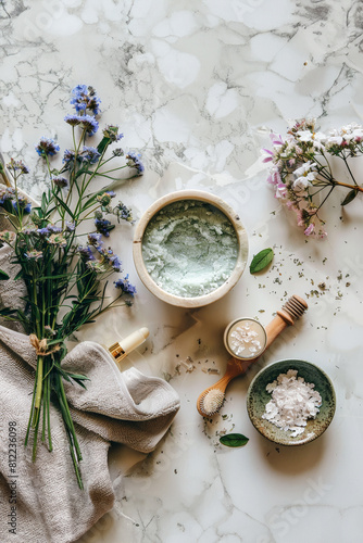 Salt and meadow flowers on white marble background, self care time