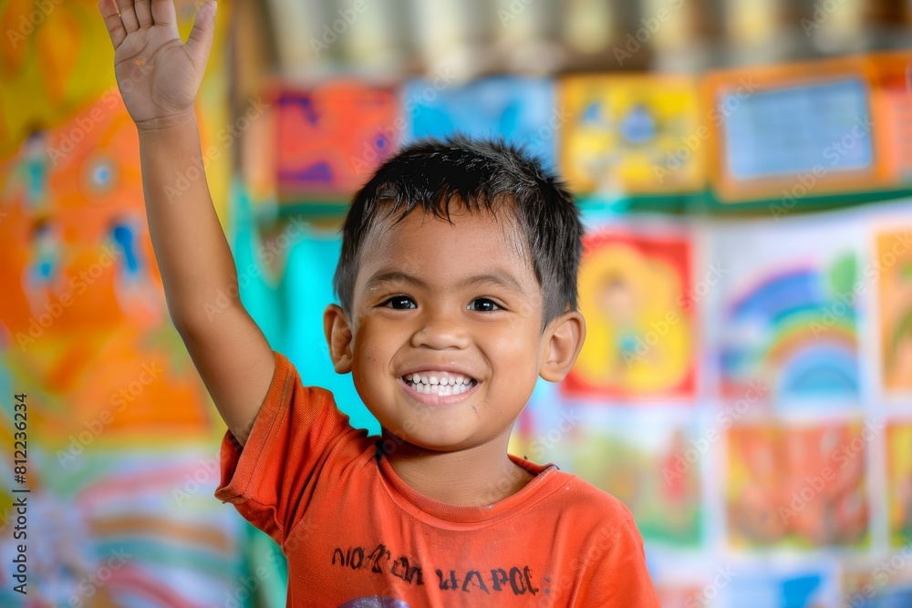 Young boy smiling with arm raised among colorful classroom backdrop, represents joy and education Young boy smiling with arm raised among colorful classroom backdrop, represents joy and education