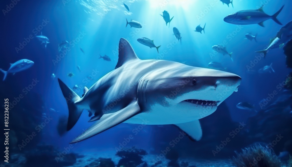 Fototapeta premium The great White Shark in the ocean, portrait of White shark hunting prey in the underwater