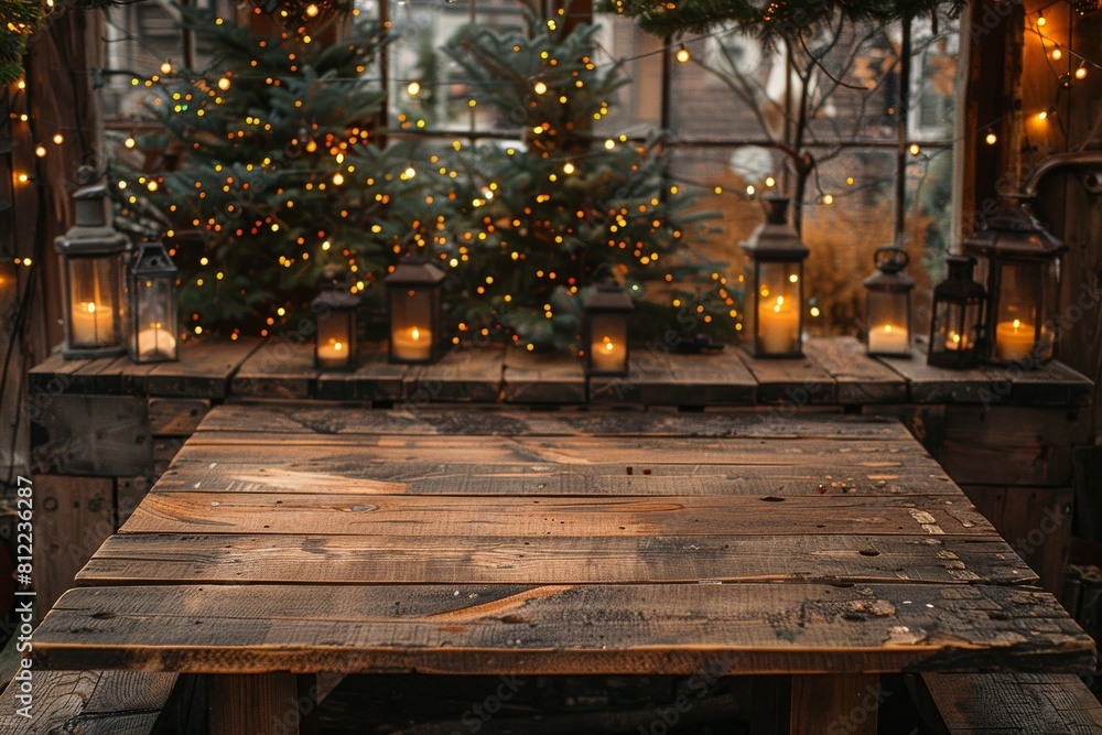 A weathered wooden table provides a nostalgic setting for a soft, glowing display of Christmas lights and decor