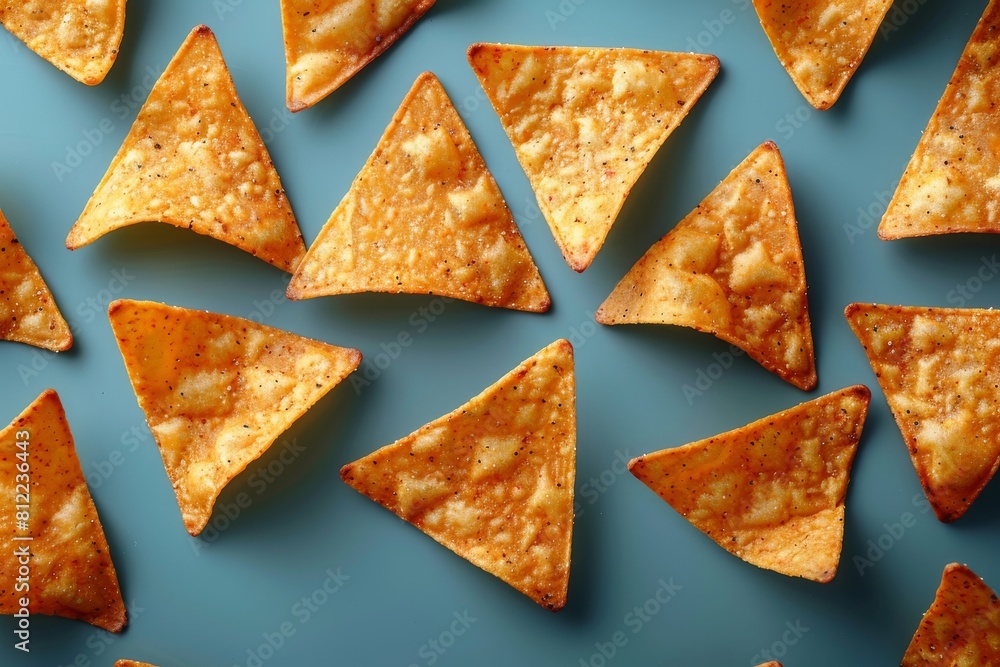 A delicious composition of golden brown triangular nachos chips arranged in a pattern on a soft blue surface, perfect for food backgrounds A delicious composition of golden brown triangular nachos chips arranged in a pattern on a soft blue surface, perfect for food backgrounds