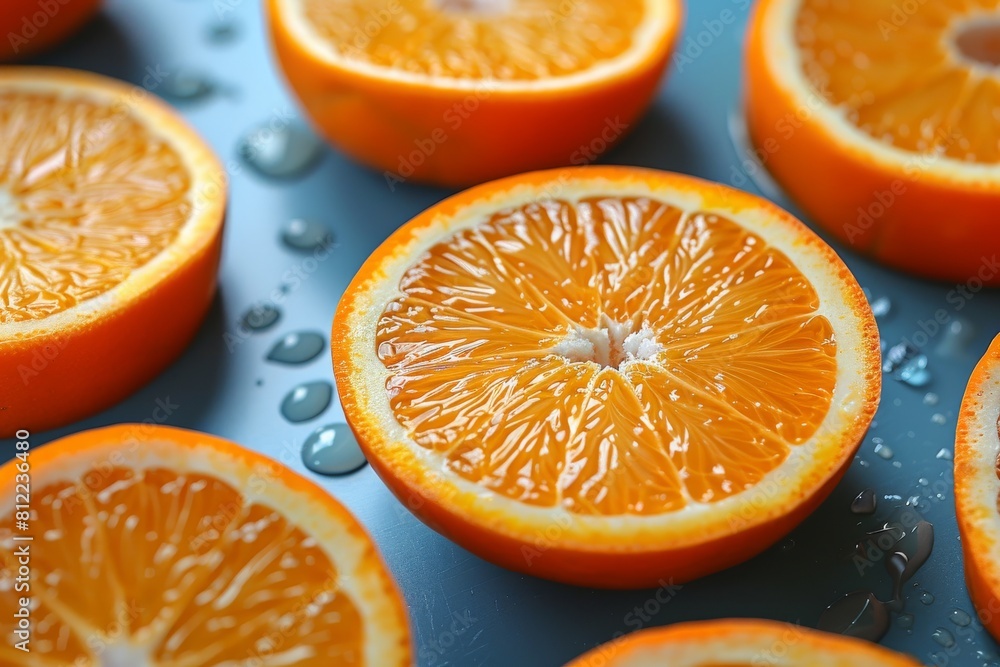 Close-up of fresh orange halves with water droplets and ice cubes, on a deep blue surface Close-up of fresh orange halves with water droplets and ice cubes, on a deep blue surface