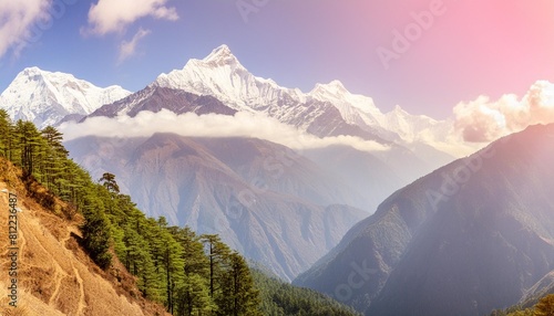the breathtaking panoramic view the mighty misty snow capped himalayas and the canyons with the coniferous forests nepal ideal background for the various kinds of collages and illustrations photo