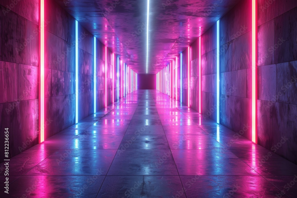 An illuminating pathway marked by cool blue and warm pink neon lights, reflecting off the sleek surface of the corridor An illuminating pathway marked by cool blue and warm pink neon lights, reflecting off the sleek surface of the corridor