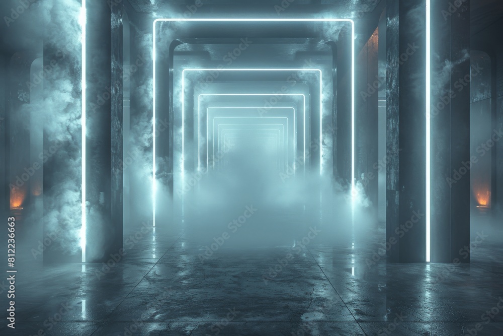 A mysterious corridor enveloped in fog with eerie blue neon arches creating an otherworldly atmosphere