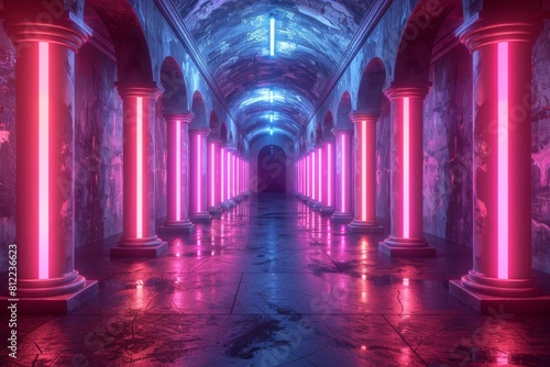 A digital artwork that captures a corridor with glowing neon lights and Roman-style columns  with a touch of mystery