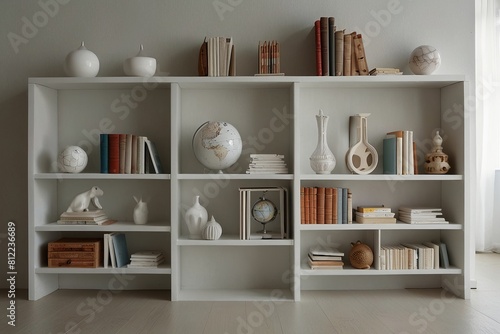 Interior design white shelves with books, globe © Interactify