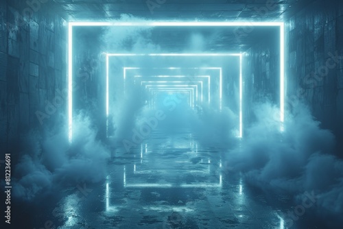 Captivating image of a fog-filled scene framed by a rectangular neon blue light  evoking a chilling yet inviting aura