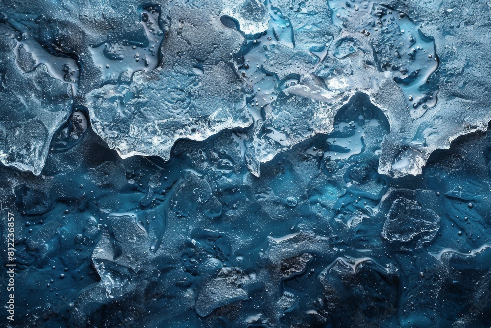 Detailed image of an icy surface featuring melting water droplets and contrasting shades of blue