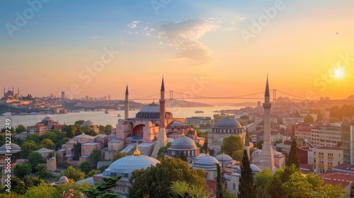 Sunset view over Hagia Sophia and the Bosphorus Bridge of Istanbul, view on the city skyline, photo