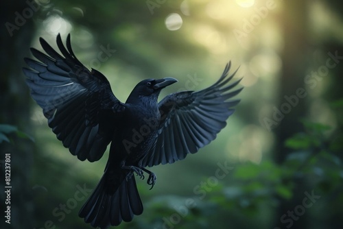 Elegant Black bird reaches up. Bird with open wings. Generate ai