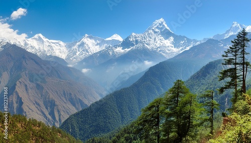 the breathtaking panoramic view the mighty misty snow capped himalayas and the canyons with the coniferous forests nepal ideal background for the various kinds of collages and illustrations photo