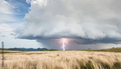 a large cloud with a lightning bolt coming out of it s center surrounded by a field of tall grass