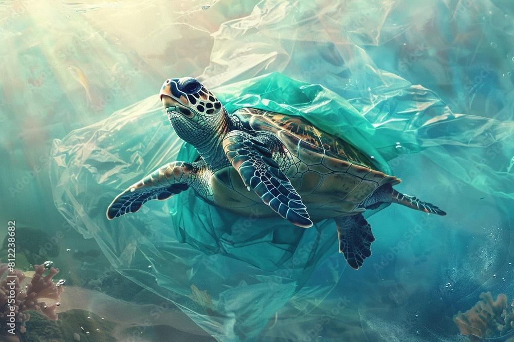 Fototapeta premium Turtle and plastic trash