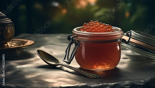 glass jar with red caviar accompanied by a spoon